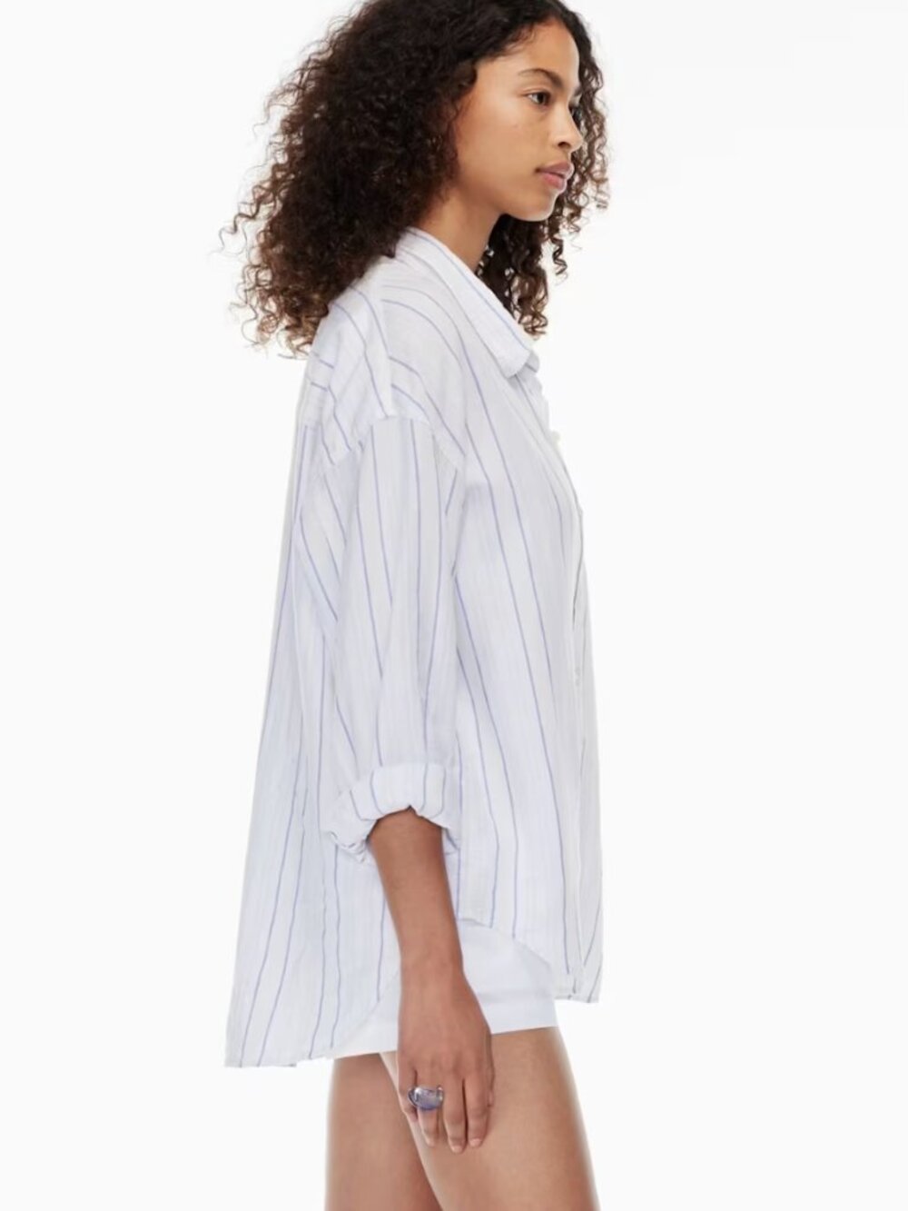 Aritzia Wilfred Free Relaxed Linen Button Up Shirt White and Blue Striped